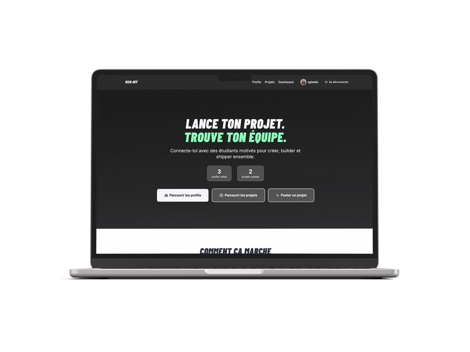 KICK-OFF — Landing page avec headline Lance ton projet, Trouve ton équipe