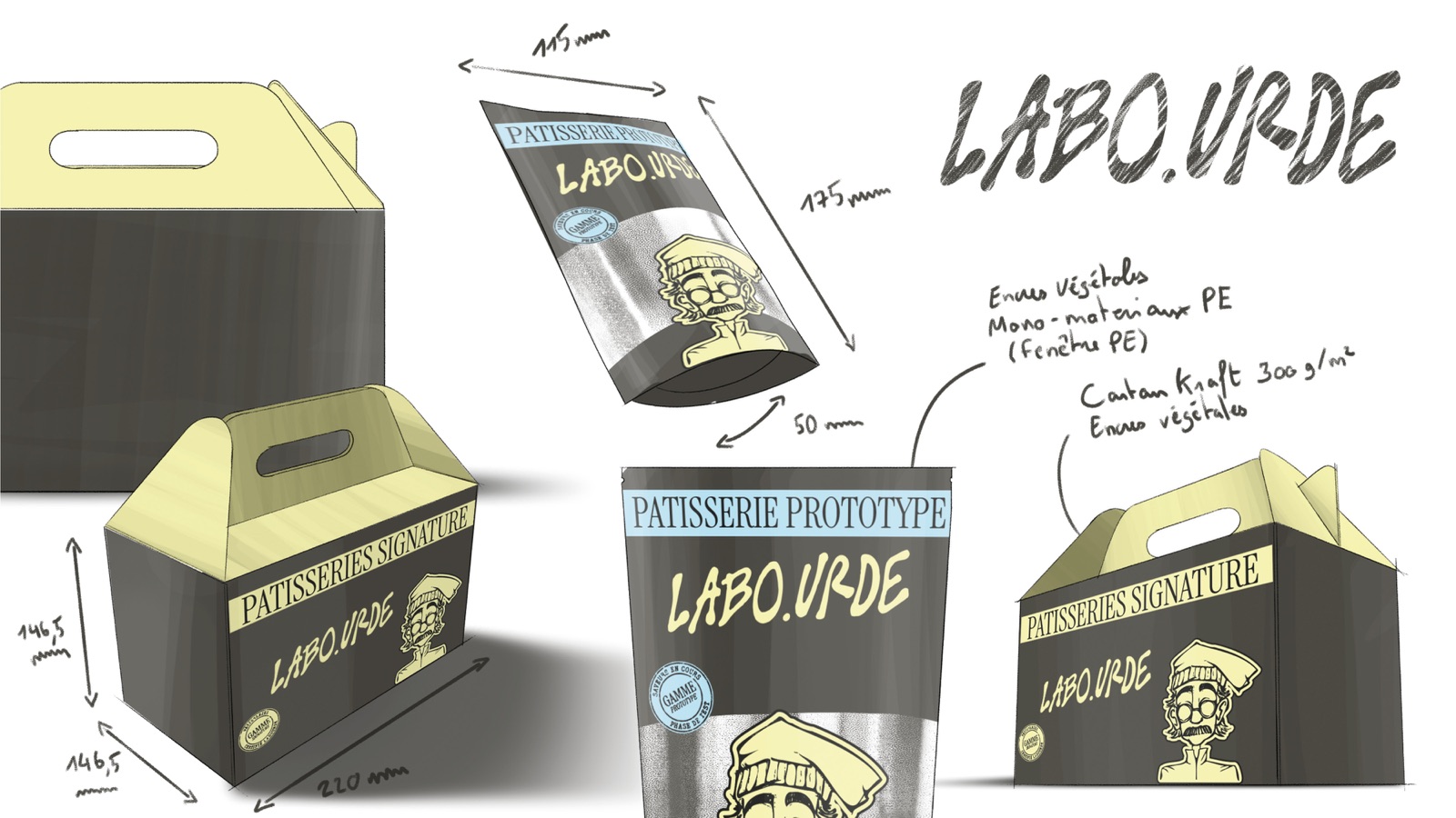 Croquis de conception packaging avec dimensions annotées